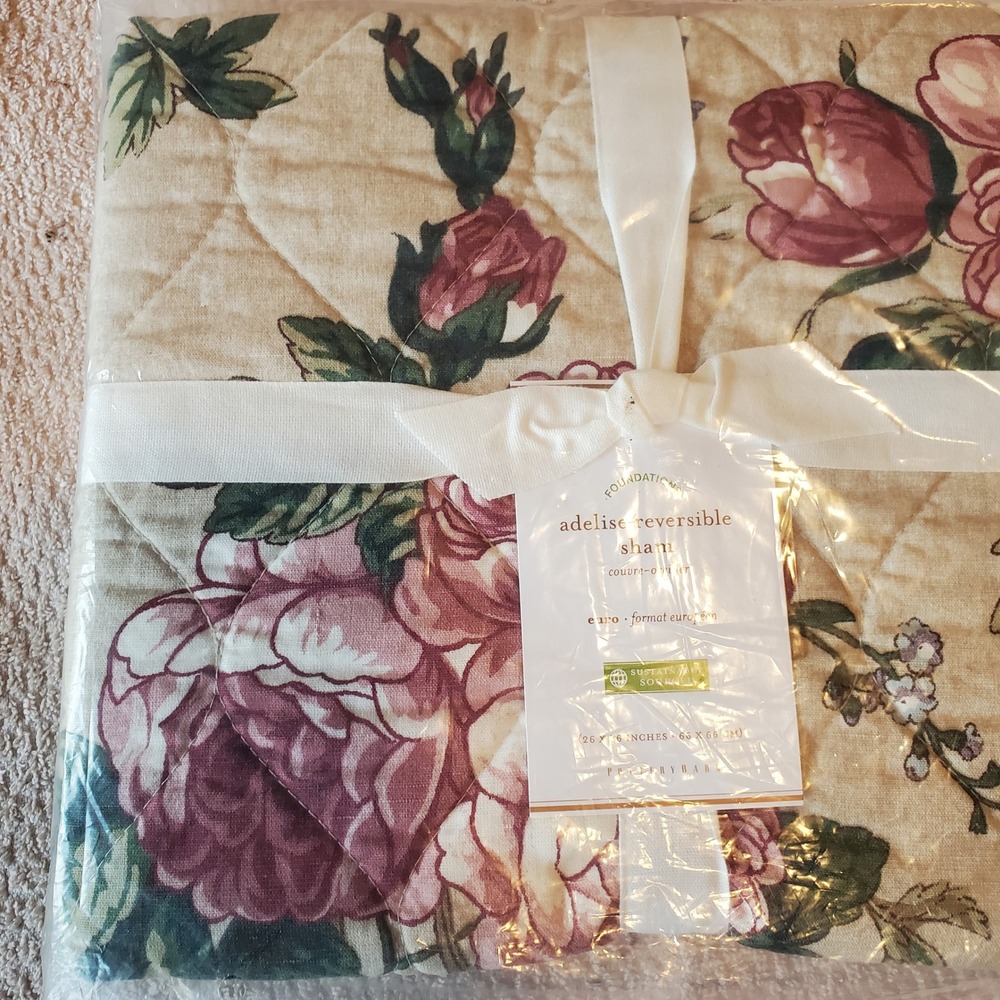 Potterybarn Adelise Reversible Euro Sham Set of 2 Floral Rose Cotton Linen NEW - Picture 3 of 7